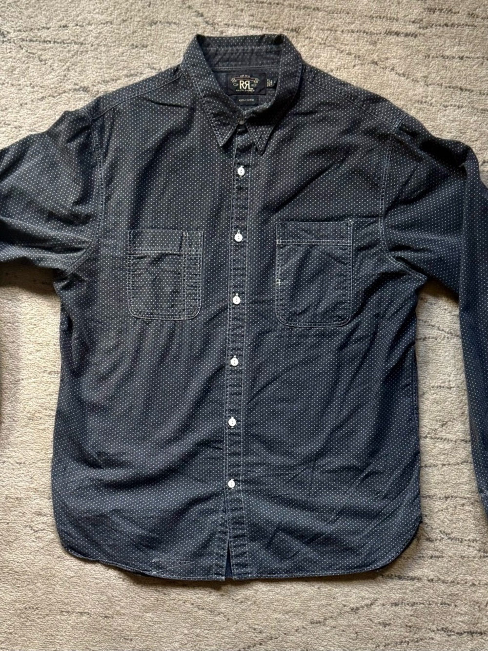 RRL Ralph Lauren Double RL  Black Button Down Pin Dots Pattern Shirt - L